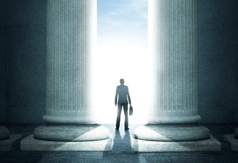 Illustration of man standing between two columns on the steps of a court
