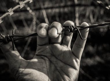 Hands holding wire fence