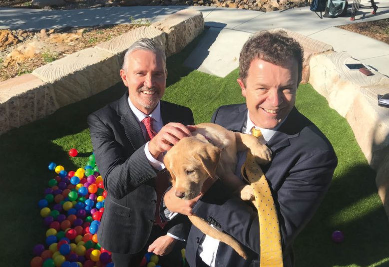 Dale Cleaver with NSW Attorney-General Mark Speakman, who announced the rollout of a new Canine Court Companion Program in July