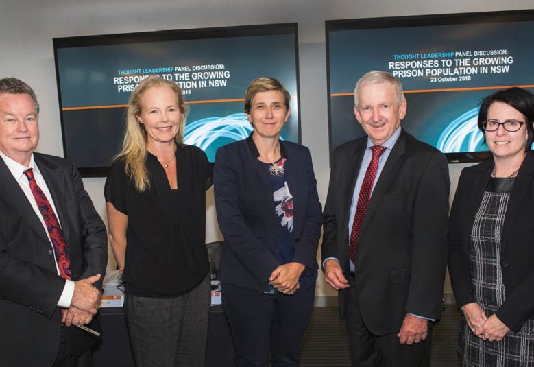 From left, Assistant Commissioner Luke Grant of Corrective Services, Sarah Hopkins of Just Reinvest NSW, Melanie Hawyes, Director of Juvenile Justice, the Drug Court’s Judge Roger Dive, and Carolyn Jones of Women’s Legal Service at the Law Society Thought Leadership event on prison populations.