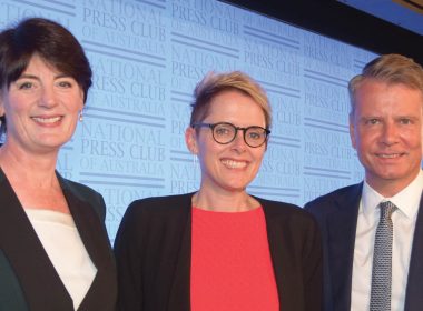 Centre: National Press Club Chair Sabra Lane with Law Council Immediate Past President Fiona McLeod (left) and President Morry Bailes.