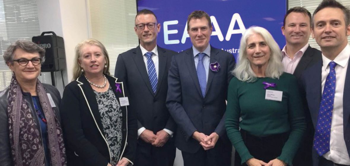 Federal Attorney-General Christian Porter (middle) at the opening of Elder Abuse Action Australia.