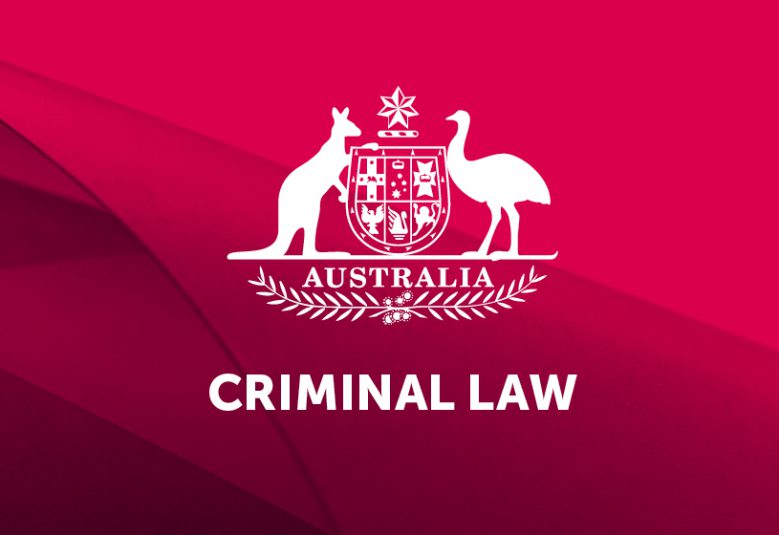 Legal updates Criminal law logo - Australian coat of arms on a pink background with the words Criminal Law