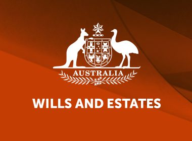 Australian coat of arms with 'Wills and Estate's written underneath, on a red background