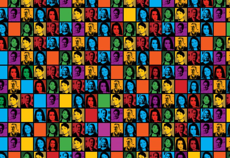 Multi-coloured squares with photographs of legal innovators