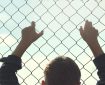 child holding onto wire fence