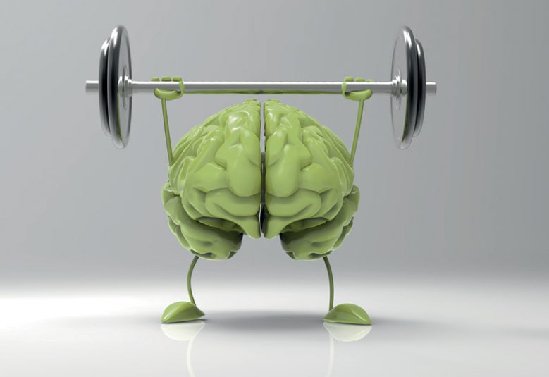 model of the brain lifting a dumbbell