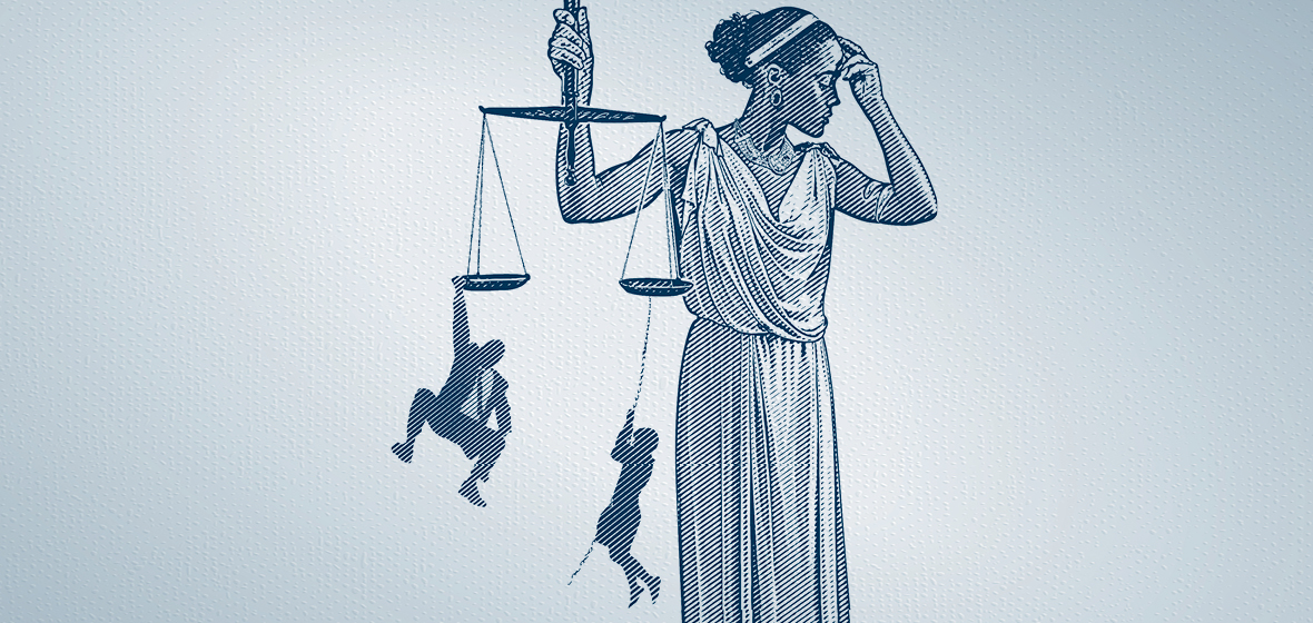 Illustration of Lady Justice holding scales with a person hanging from each side