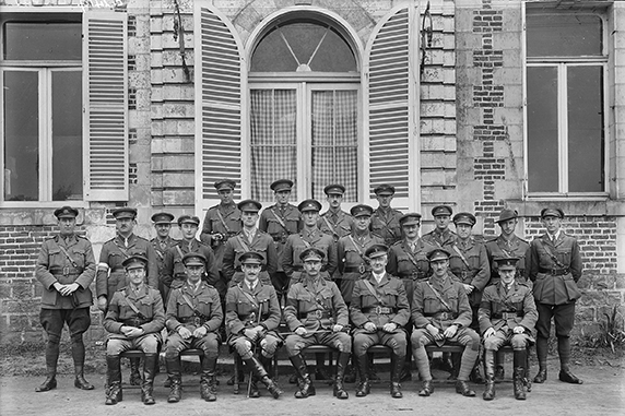 Headquarters Staff of the 4th Division in France. Black and white photograph,