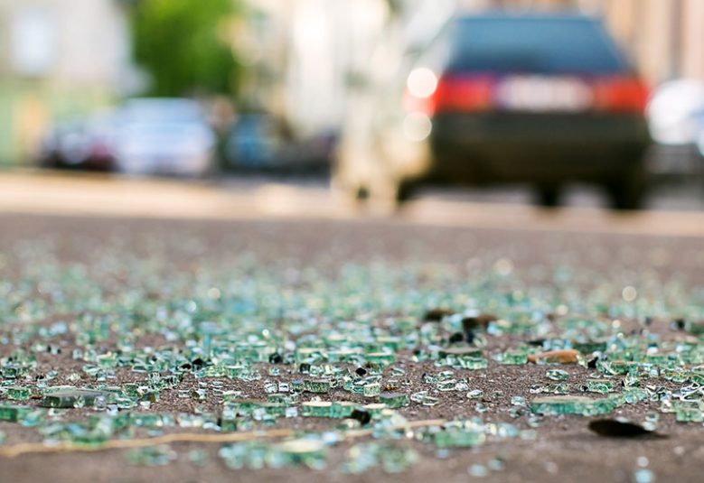 Glass on the road after a car accident