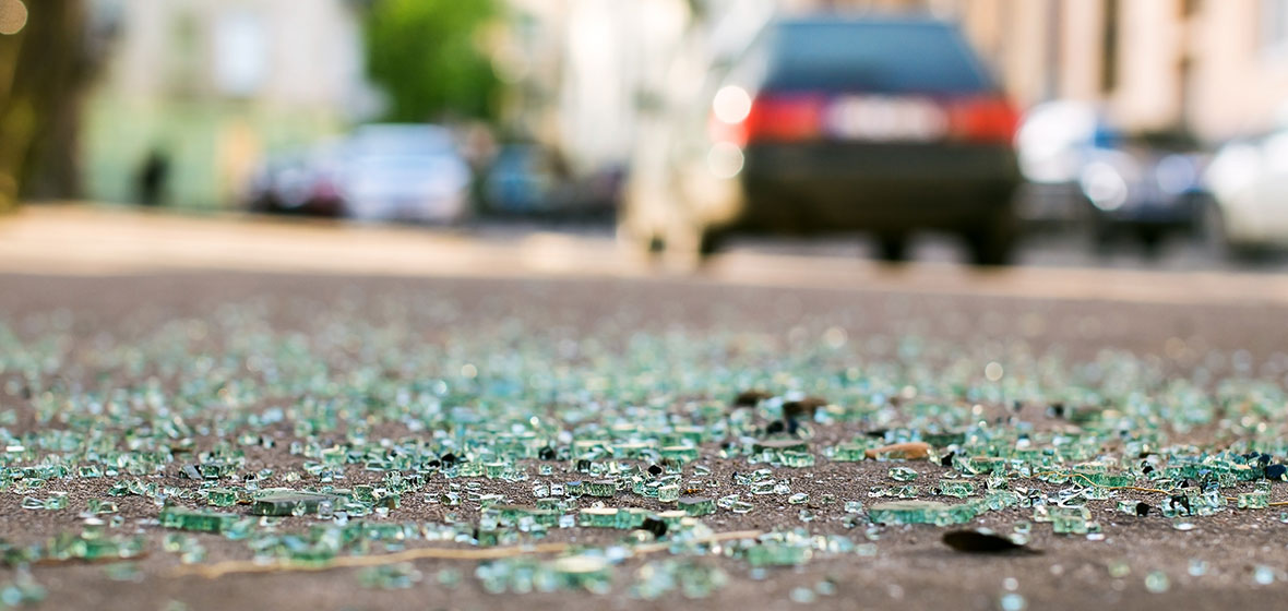 Glass on the road after a car accident