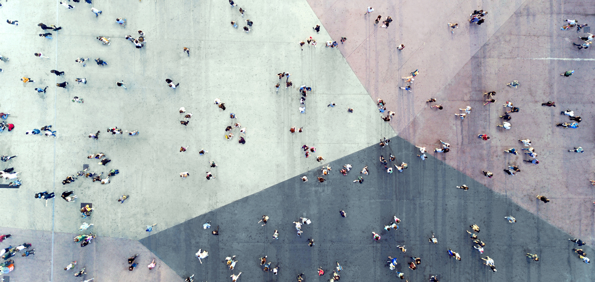 aerial photograph of people walking