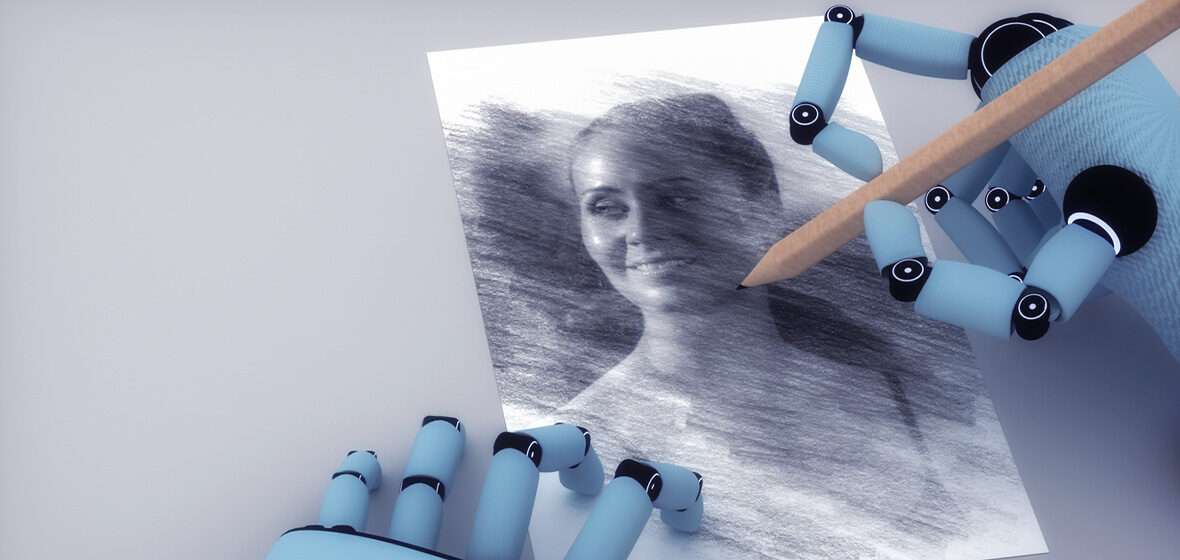 Example of AI 'art' - robot hands drawing a young woman in pencil