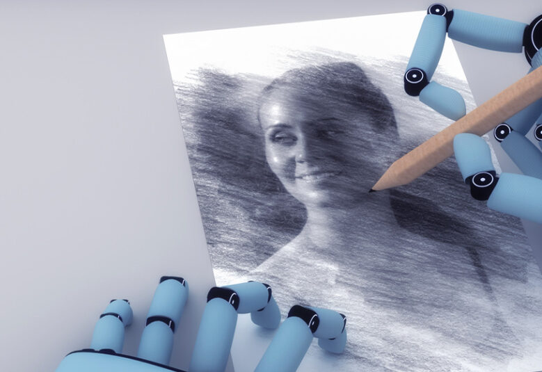 Example of AI 'art' - robot hands drawing a young woman in pencil
