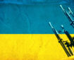 image depicting war crimes with colours of Ukraine flag and weapons