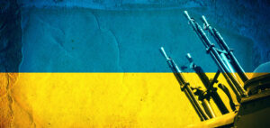 image depicting war crimes with colours of Ukraine flag and weapons