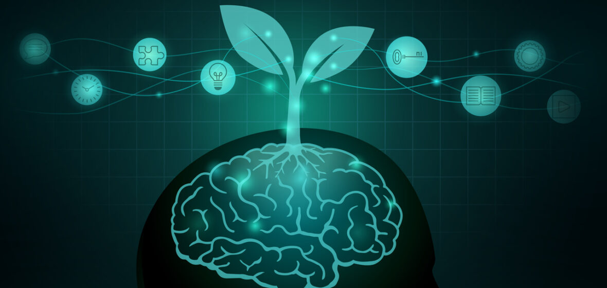 Tree growing out of human brain. Silhouette illustration about the ways to Build a Growth Mindset and good Attitude